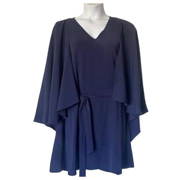Natori Navy Blue Crepe Cape Dress V-Neck Belted Size M NWT - Picture 3 of 10